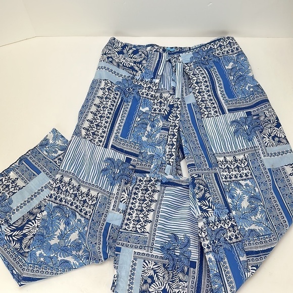 J. McLaughlin White Blue Palm Print Eugene Palazzo Pants M Wide Leg Patchwork - Picture 4 of 14